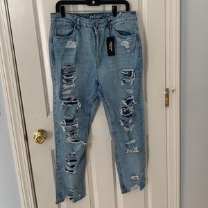 Medium Wash High Rise Ripped Mom Jeans